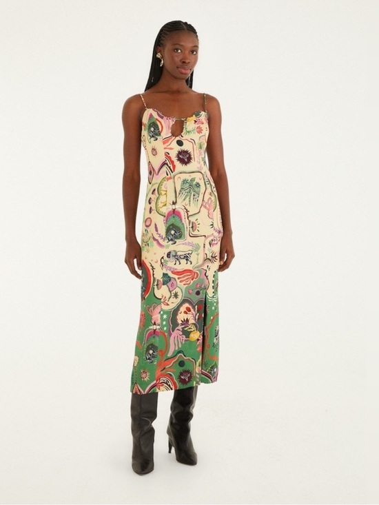 FARM Rio Dresses & Skirts - Farm Rio Farm Rio Beige Artsy Surreal Land
Beaded Sleeveless Midi Dress